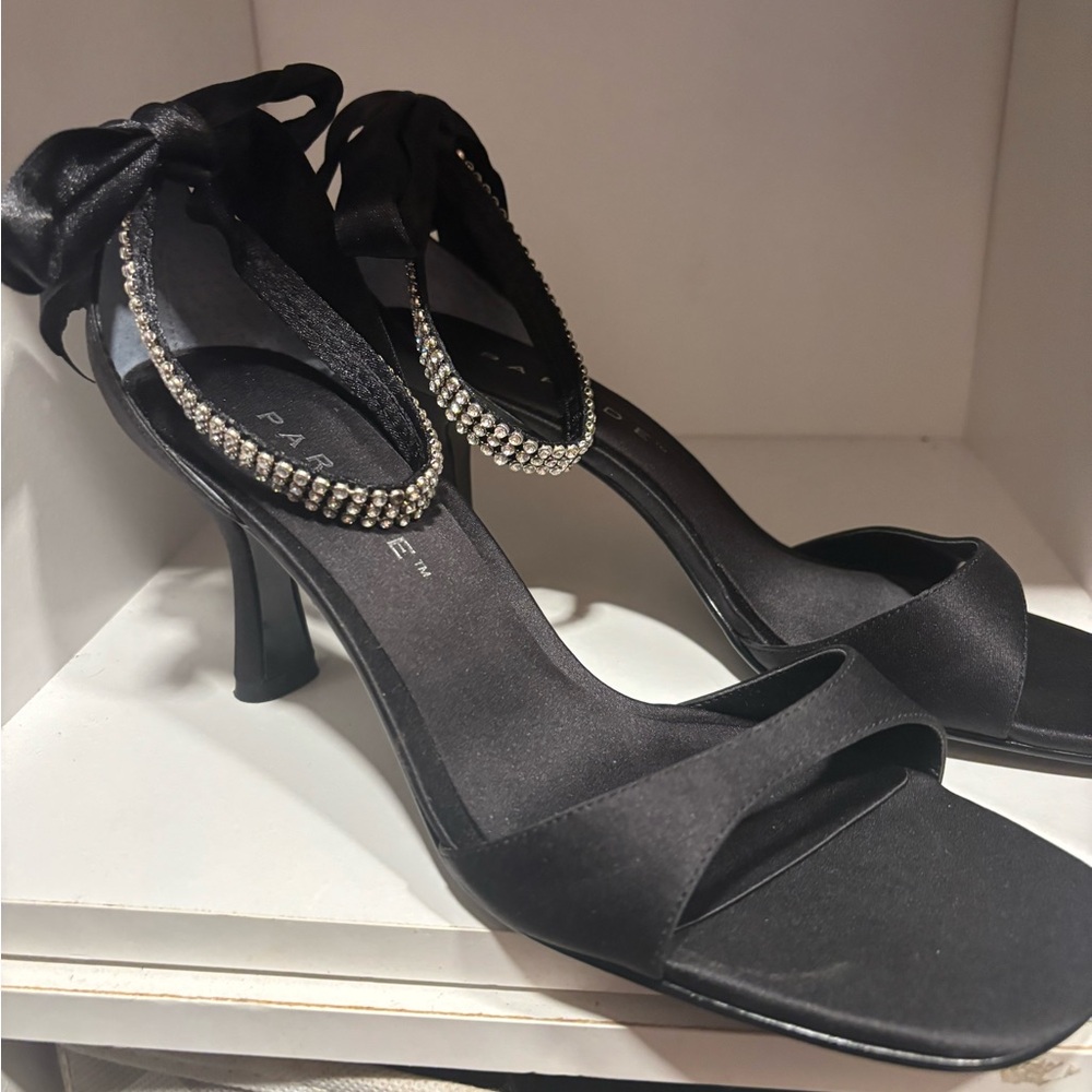 Chic Black Satin Heels with Rhinestone Accents